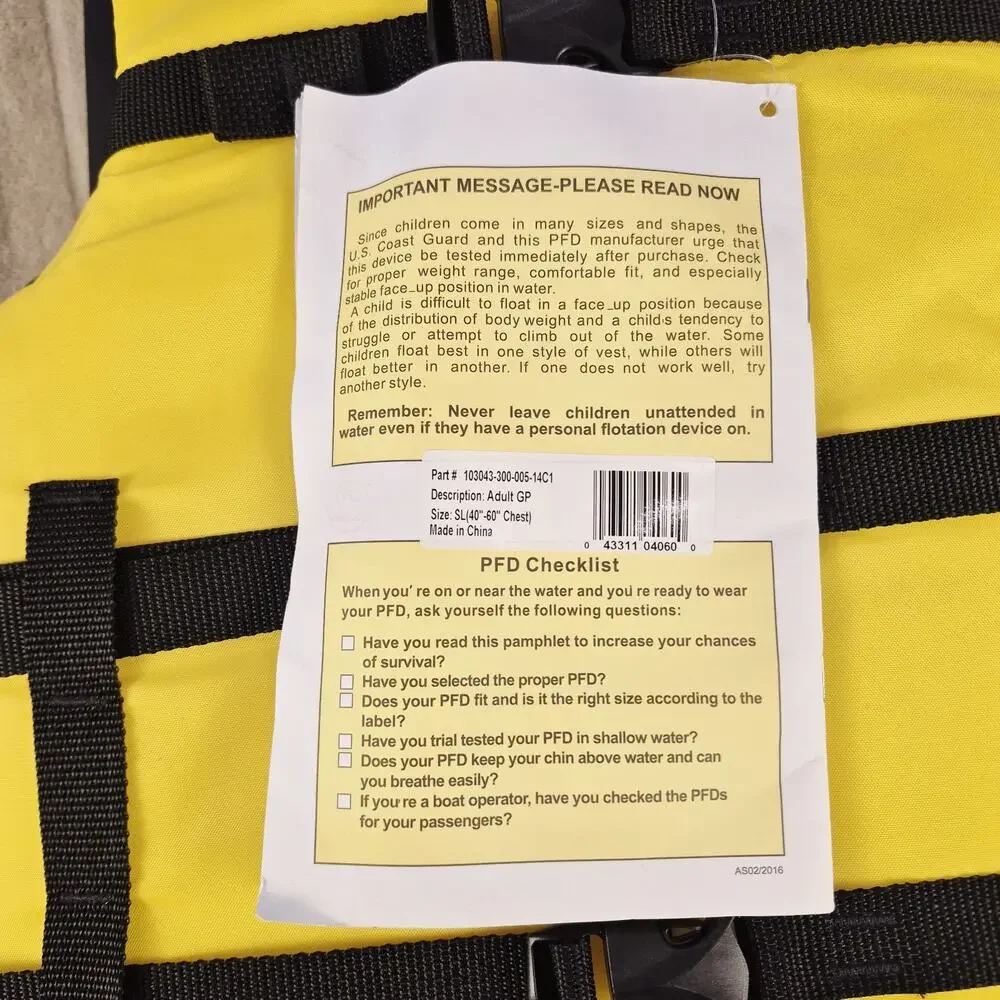 Onyx Adult Oversize Type III Life Jacket PFD Yellow Black USCG Approved 40-60